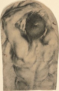 Nu masculino reclinado a meio comprimento visto de costas, c.1590 (carvão vegetal, toques de tinta de óleo e vestígios de branco de chumbo sobre papel)
