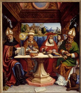 Os quatro doutores da igreja com os símbolos dos quatro evangelistas (Santo Agostinho com uma águia, Santo Gregoire o Grande com um boi, São Jerônimo com um anjo e Santo Ambrósio com um leão de asas). Pintura de Pier Francesco Sacchi dit il Pavese (14 de Pietro Francesco  Sacchi