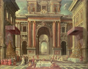 Festa magnífica no pátio de um palácio barroco (óleo sobre tela) de Pietro Francesco Garoli