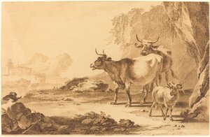 Paisagem com gado, uma cabra e um pastor descansando de Pietro Giacomo Palmieri