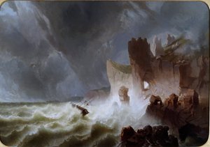 Lido solitario Marine landscape, com o navio apanhado na tempestade, e despenhado nas falésias. Pintura de Pietro Giuria (século XIX) Dim. 140x200 cm Genes Nervi, Galleria d