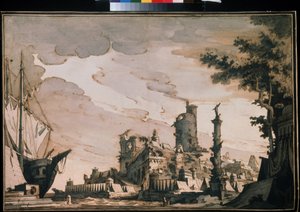 ""Vista de um Porto"" Decoração do Teatro. Aquarela de Pietro di Gottardo Gonzaga (1751-1831) 1818. Aquarela e tinta sobre papel. Moscou, Museu Pushkin