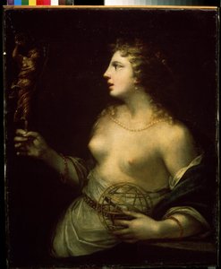 ""Urania"" (Urania) representação da musa protetora da astronomia e astrologia, segurando uma mão em uma esfera. Pintura de Pietro Liberi (1614-1687) Museu de Arte Mikhail Kroshitsky do século XVII, Sebastopol (Sevastopol) Ucrânia