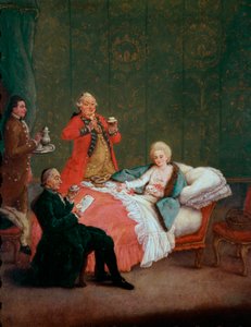 A jovem mulher da nobreza do chocolate da manhã jaz na sua cama, servida por três homens. Pintura de Pietro Longhi (1702-1785) 1775-1780. Dim. 60x47 cm Ca 