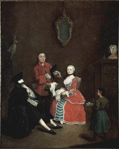 A máscara de visita Bauta (bautta) personagem vetu do traje veneziano é constituída pela capa preta, o chapéu tricórnio preto e a máscara branca - (Visita com máscara Bauta) Pintura de Pietro Longhi (1702-1785) 1760 aprox. Dim 62x50 cm Veneza, Ca 