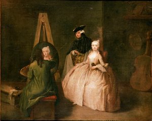 O estúdio do pintor O pintor em frente ao seu cavalete retrata uma jovem mulher. Pintura de Pietro Longhi (1702-1785) 1740-1745 Sol. 44x53 cm Veneza, Ca 