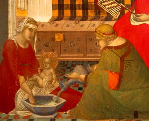 Nascimento da Virgem, detalhe do Tríptico da Natividade da Virgem de Pietro Lorenzetti (cerca de 1280-1348), tempera sobre madeira de Pietro Lorenzetti