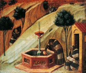 Carmelita tira água da nascente do profeta Elias, detalhe do retábulo dais de Carmine de Pietro Lorenzetti (cerca de 1280-1348), tempera e ouro sobre painel de madeira de Pietro Lorenzetti