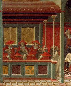 Honório III aprovando a regra de Carmelita, detalhe de predella de retábulo para Carmine de Pietro Lorenzetti (cerca de 1280-1348), tempera e ouro sobre painel de madeira de Pietro Lorenzetti