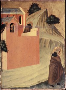 O Santo deixa o convento de Santa Perpétua e atravessa o rio Lamone (Políptico da vida de Santa Humildade) - Detrempe sobre a madeira do século XIV de Pietro Lorenzetti