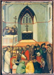 O corpo exumado do beato é encontrado intacto e fresco, azulejo sobre o retábulo da Humildade abençoada, de Pietro Lorenzetti (ca. 1280-1348), tempera e ouro sobre painel de madeira. de Pietro Lorenzetti