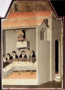 O santo analfabeto lê milagrosamente (Políptico da vida de Santa Humildade) - Detrempe na madeira do século XIV de Pietro Lorenzetti