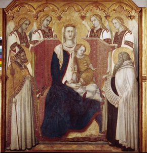Virgem e Criança entre São Nicolau e São Elias. Painel central, Altarpe de Carmelo (Tempera sobre madeira de Pietro Lorenzetti