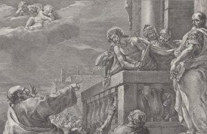 Cristo em um balcão cercado por guardas, Pilatos está à direita gesticulando para..., ca. 1730-39.