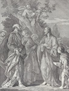 Conversão de Zaqueu, com Cristo à direita dirigindo-se ao cobrador de impostos, que está sentado..., 1730-39.