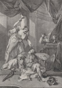 Jael martelando uma estaca de tenda no templo de Sísera adormecido, à direita a se..., ca. 1730-39.