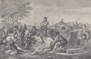 José sendo vendido como escravo por seus irmãos, que se sentam ao redor de um poço dividindo o c..., 1730-39.