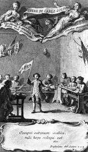 Carlo Goldoni agita uma bandeira em comemoração ao seu ano na escola jesuíta em Perugia, de &39;Opere di Carlo Goldoni&39;, gravado por Antonio Baratti, 1761