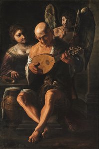 Um homem idoso a tocar guitarra com a presença de uma mulher e de um putto (óleo sobre tela)