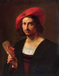 Retrato de um jovem usando um chapéu com um distintivo, segurando uma máscara (óleo sobre tela)