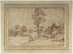 Paisagem com lago e edifícios, mãe e filho sentados junto a uma árvore (caneta e tinta castanha sobre papel) de Pietro Paolo (attr. to) Bonzi