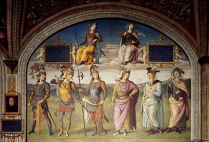 Alegorias de Fortitude e Temperança com Seis Heróis Antigos de Pietro Perugino