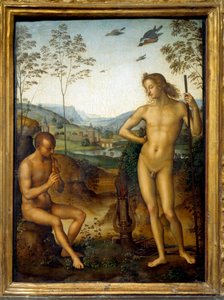 Apolo e Marsyas "Marsyas tocando flauta diante de Apolo, rei da lira, por desafio". Pintura de Pietro Vannucci dit Il Perugino (Le Perugin) (1450-1523) Sol. 0,39x0,29 m de Pietro Perugino