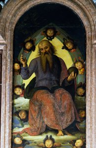 Deus Pai Bênção, detalhe do Políptico da Certosa de Pavia de Pietro Perugino