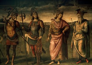 Leonidas Lacedaemonian, Horatius Cocles, Publius Scipio, Péricles de Atenas, Alegorias de Fortitude e Temperança com Seis Heróis Antigos de Pietro Perugino