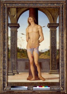 O Martírio de San Sebastián Pintura de Pietro di Cristoforo Vannucci (Le Perugin ou Il Perugino) (1446-1523) Sol do século XVI. 1,76x1,16 m - O Martírio de São Sebastião (ou São Sebastião). Pintura de Pietro di Cristoforo Vannucci (Le Perugino ou Le Perugi de Pietro Perugino