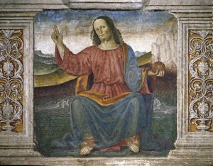 O Redentor, Jesus segurando o globo e levantando a sua mão em sinal de bênção (Fresco