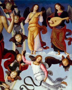 A ascensão de Cristo Detalhe representando os anjos musicais. Pintura de Pietro Vannucci dit Il Perugino (The Perugin) (1450-1523) 1496 Lyon, Museum of Fine Arts de Pietro Perugino