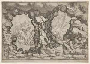 Um gigante levantando uma pedra no centro, outros gigantes para a esquerda e direita lutando e rec ..., ca. 1680