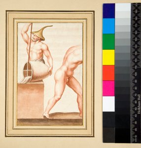 Cópia de um mosaico de um homem com tampa pontiaguda escorrendo de um vaso. (giz preto, alguns com caneta e tinta marrom. colorido com aquarela) de Pietro Santi Bartoli