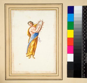 Figura drapeada batendo num tambor (giz preto, alguns com caneta e tinta marrom. cor com aquarela) de Pietro Santi Bartoli