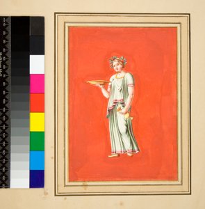 Figura feminina em pedestal com patera e ânfora. (giz preto, alguns com caneta e tinta castanha. cor com aguarela) de Pietro Santi Bartoli