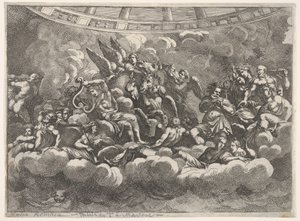 Encontro de vários deuses olímpicos e figuras mitológicas entre nuvens, Apolo na ce ..., ca. 1680