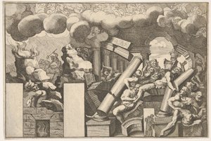 Gigantes esmagados por pedras e as colunas que caem do templo, nuvens de fumaça acima ..., ca. 1680