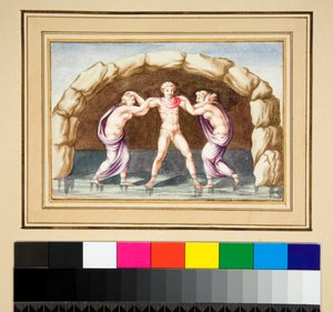 Hylas e as ninfas (giz preto, algumas com caneta e tinta castanha. cor com aguarela) de Pietro Santi Bartoli