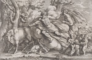 Io à esquerda como uma vaca, Júpiter em uma nuvem no centro e Juno à direita com pu..., 1650-90.