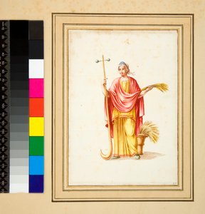 Grande desenho de uma parede com pinturas. (giz preto, alguns com caneta e tinta castanha. cor com aguarela) de Pietro Santi Bartoli