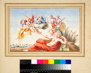 Lunette de um túmulo (giz preto, alguns com caneta e tinta castanha. cor com aguarela) de Pietro Santi Bartoli