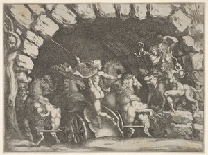 Plutão, visto por trás, entrando no Underwold em sua cadeira, Cereberus e três Fu ..., ca. 1680