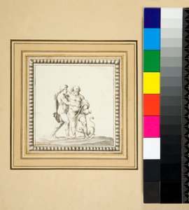 Três painéis de prata da frente de uma arca de madeira (giz preto, alguns com caneta e tinta marrom. cor com aquarela) de Pietro Santi Bartoli