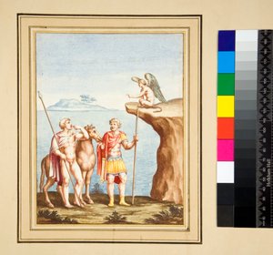 Duas figuras e um Sphynx (giz preto, alguns com caneta e tinta castanha. cor com aguarela) de Pietro Santi Bartoli