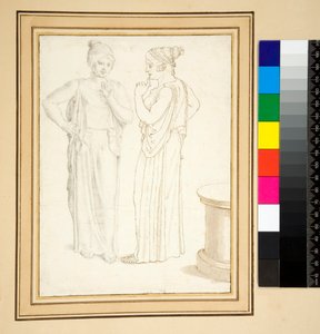 Duas vistas de uma estatueta de bronze (caneta e lápis) de Pietro Santi Bartoli