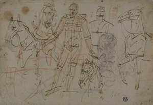 Esboços de homens, cavalos e design decorativo