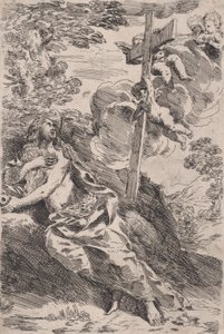 Maria Madalena no deserto, uma cruz carregada por anjos à direita, ca. 1630. de Pietro Testa