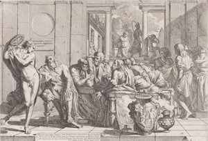 Simpósio de Platão: Sócrates e seus companheiros sentados ao redor de uma mesa discutindo o amor ideal..., 1648.