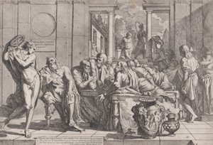 Simpósio de Platão: Sócrates e seus companheiros sentados ao redor de uma mesa discutindo o amor ideal..., 1648.